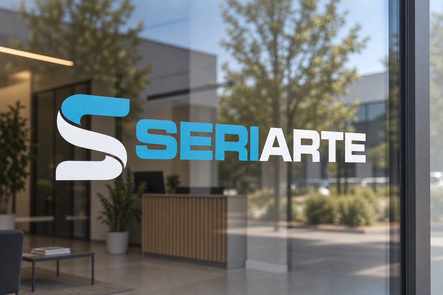 Concept: Dettaglio del logo Seriarte intagliato su vetro