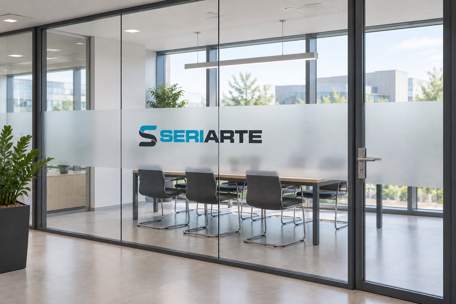 Vetrata di sala riunioni con pellicola satinata e logo Seriarte