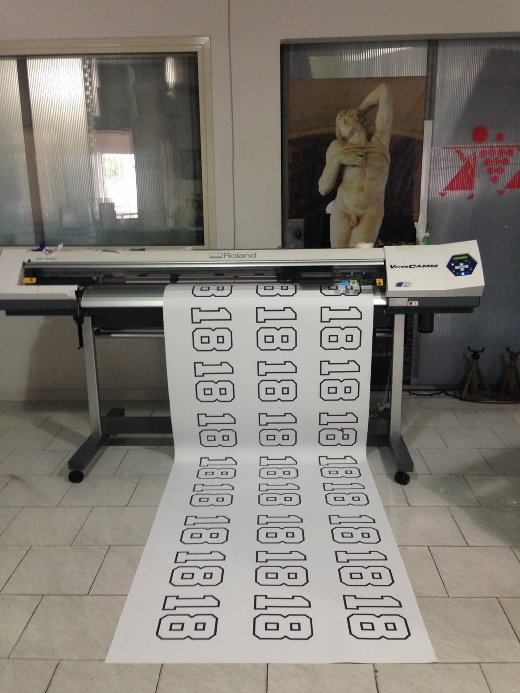 Plotter con un foglio di applicazioni termosaldabili appena stampate